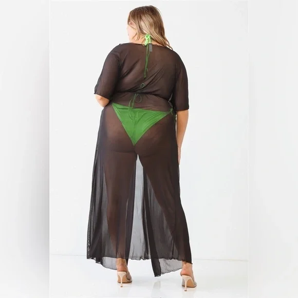 PLUS SIZE Black Sheer Mesh Midi Sleeve Drawstring Waist Maxi Kimono Cover Up - Picture 4 of 9